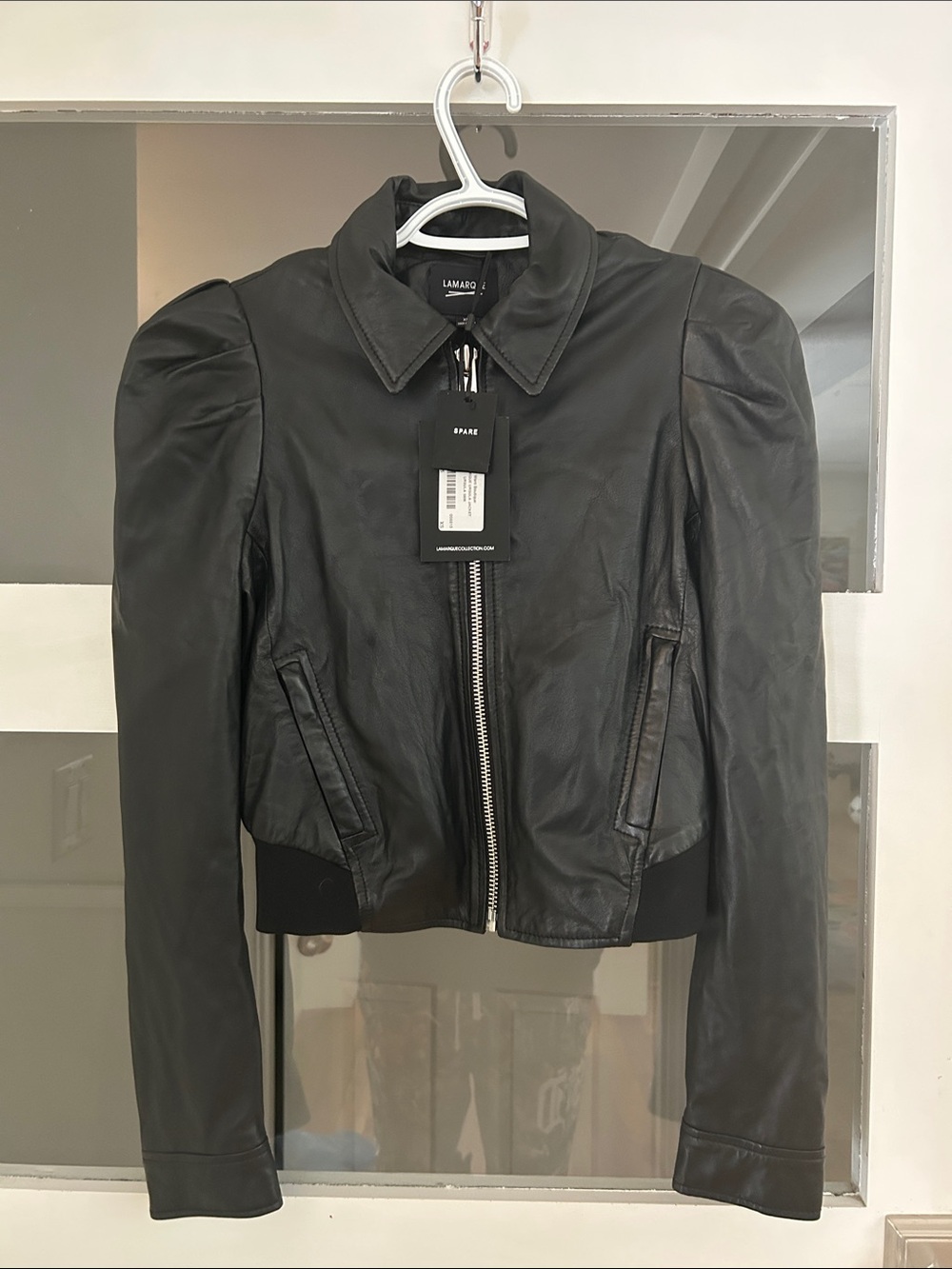 Lamarque Black Leather Puff-Shoulder Zip Jacket